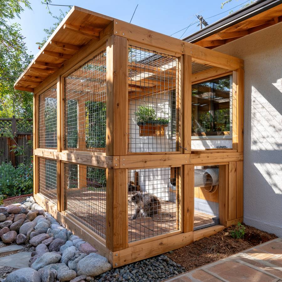 Design concept of a custom catio — Cedar frame · tunnel to window