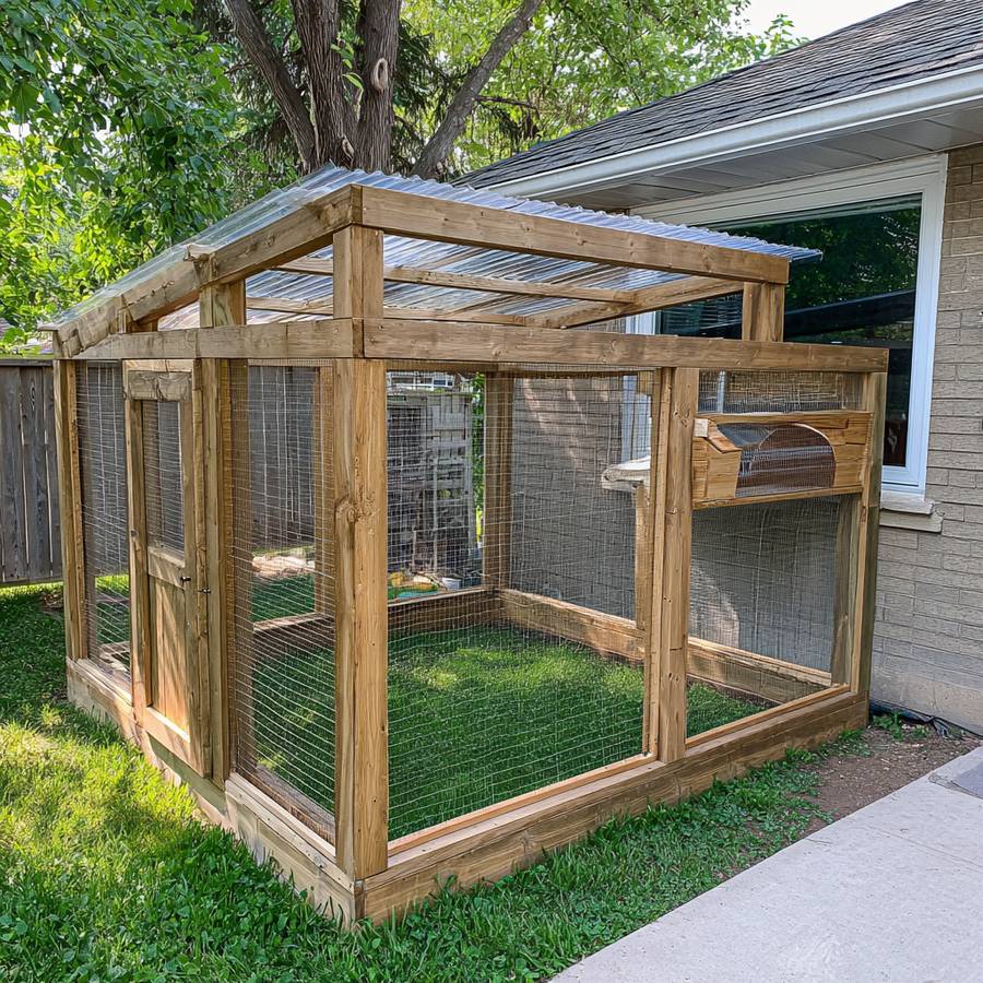Design concept of a custom catio — Attached run · metal roof