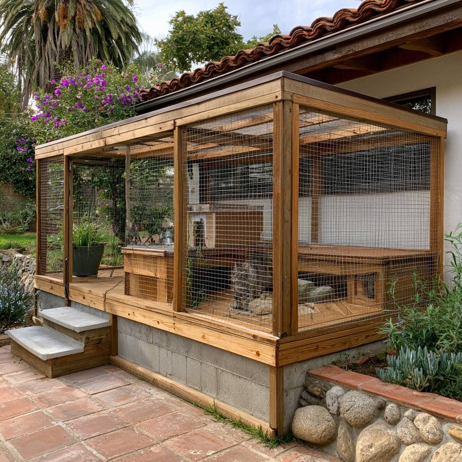 Design concept of a custom catio — Raised deck · masonry base